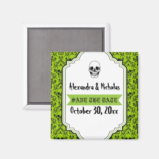 Schedels damast groen, zwart bruiloft Save the Dat Magneet (Voorkant / Achterkant)