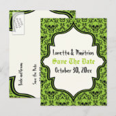 Schedels damast groen, zwart Halloween Save the Da Aankondigingskaart (Voorkant / Achterkant)
