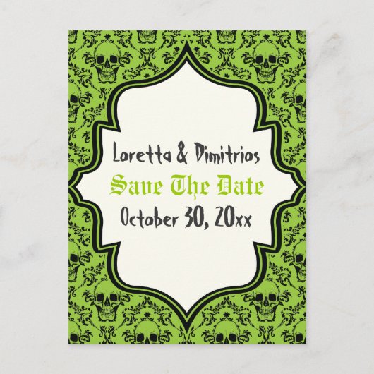 Schedels damast groen, zwart Halloween Save the Da Aankondigingskaart (Voorkant)