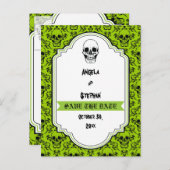 Schedels damast groen zwart Halloween Save the Dat Aankondigingskaart (Voorkant / Achterkant)