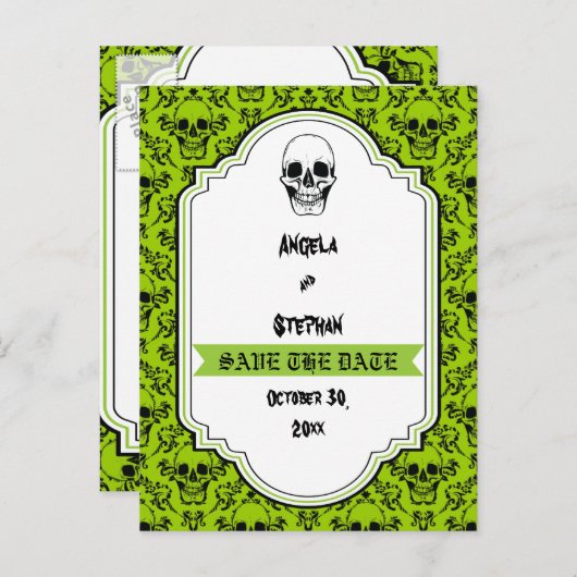 Schedels damast groen zwart Halloween Save the Dat Aankondigingskaart (Voorkant / Achterkant)