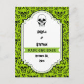 Schedels damast groen zwart Halloween Save the Dat Aankondigingskaart (Voorkant)