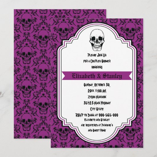 Schedels damast paarse, zwarte bruidsparen douchen kaart (Voorkant / Achterkant)