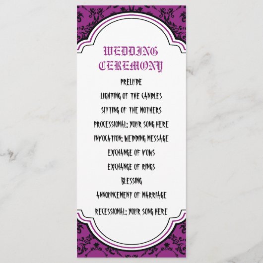 Schedels damast paarse, zwarte bruiloft programma programmakaart (Achterkant)