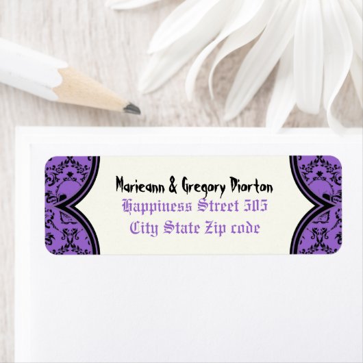 Schedels damast paarse zwarte Halloween bruiloft Etiket (Insitu)