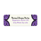 Schedels damast paarse zwarte Halloween bruiloft Etiket (Voorkant)