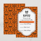 Schedels damast sinaasappel, zwart Halloween bruil RSVP Kaartje (Voorkant / Achterkant)