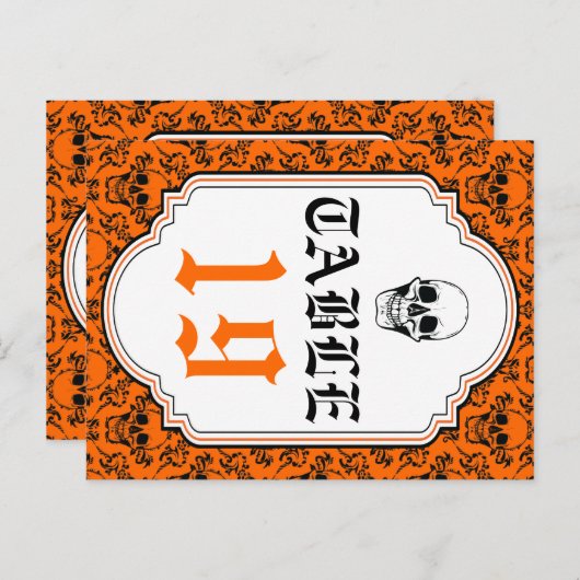 Schedels damast sinaasappel, zwarte trouwtafel num briefkaart (Voorkant / Achterkant)