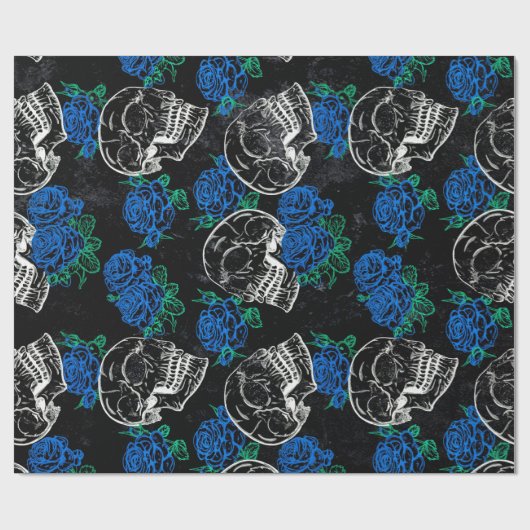 Schedels en Blauwe Rozen | Cool Funky Dark Grunge Cadeaupapier (Vlak)