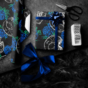 Schedels en Blauwe Rozen   Cool Funky Dark Grunge Cadeaupapier