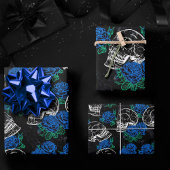 Schedels en Blauwe Rozen | Cool Funky Dark Grunge Inpakpapier Vel