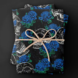 Schedels en Blauwe Rozen   Cool Funky Dark Grunge Inpakpapier Vel