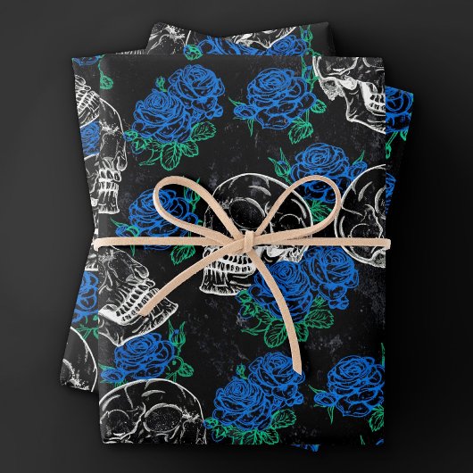 Schedels en Blauwe Rozen | Cool Funky Dark Grunge Inpakpapier Vel