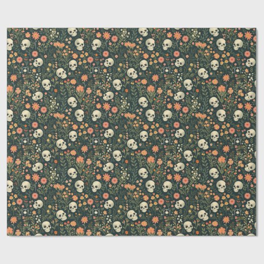 Schedels en Bloemen Groene Halloween Cadeaupapier (Vlak)