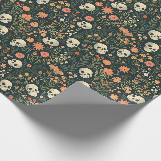Schedels en Bloemen Groene Halloween Cadeaupapier (Hoek)