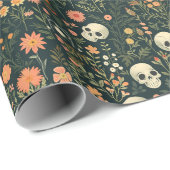 Schedels en Bloemen Groene Halloween Cadeaupapier (Rol Hoek)