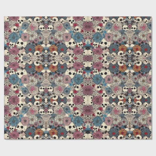 Schedels en bloemen Halloween Cadeaupapier (Vlak)