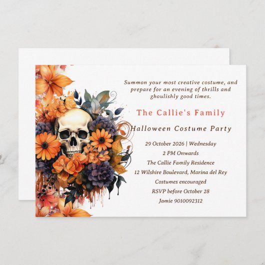 Schedels en Bloemen Halloween Kaart (Voorkant / Achterkant)