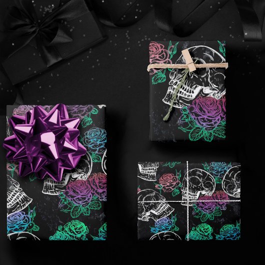 Schedels en donkere Rozen | Funky Glam Ombre Grung Inpakpapier Vel