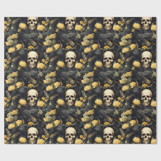 Schedels en goudsbloemen cadeaupapier (Vlak)