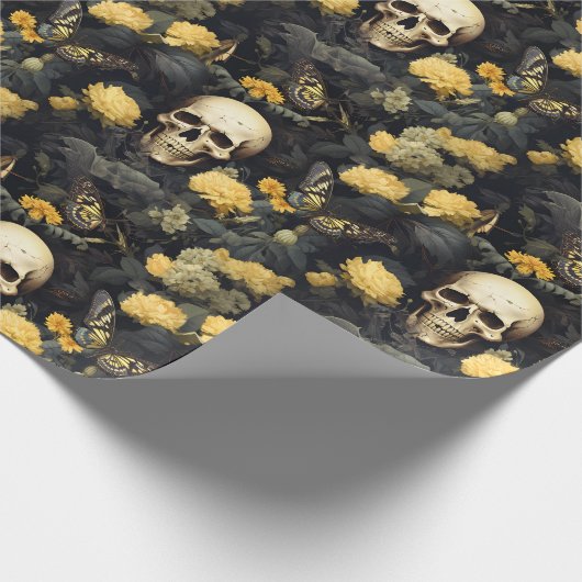 Schedels en goudsbloemen cadeaupapier (Hoek)