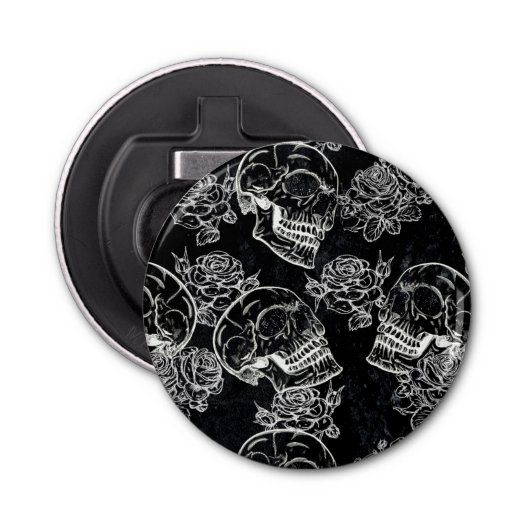 Schedels en krijt Rozen | Gotische Glam Funky Grun Button Flesopener (Voorkant)