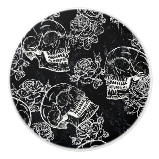 Schedels en krijt Rozen | Gotische Glam Funky Grun Keramische Knop (Voorkant)