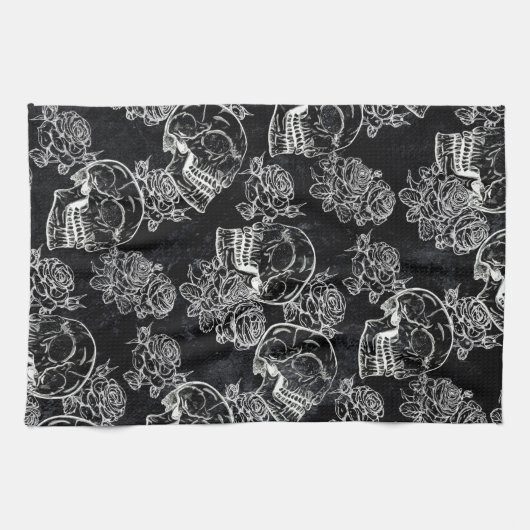 Schedels en krijt Rozen | Gotische Glam Funky Grun Theedoek (Horizontaal)