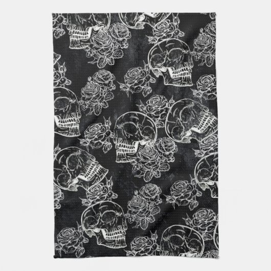 Schedels en krijt Rozen | Gotische Glam Funky Grun Theedoek (Verticaal)