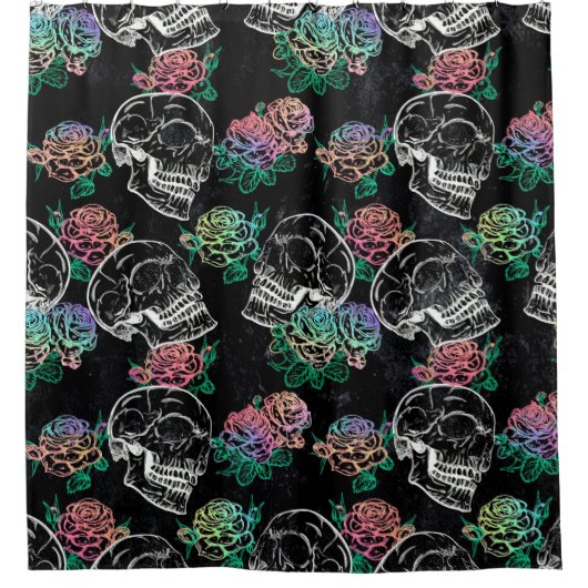 Schedels en Ombre Rozen | Gotische Glam Pastel Gru Douchegordijn (Voorkant)