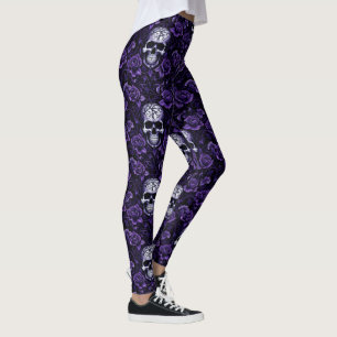 Schedels en Paarse Bloemen Leggings