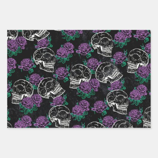 Schedels en Paarse Rozen | Donker Gotisch Grunge G Inpakpapier Vel (Voorkant)