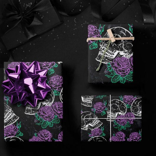 Schedels en Paarse Rozen | Donker Gotisch Grunge G Inpakpapier Vel