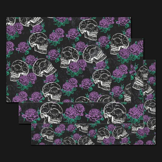 Schedels en Paarse Rozen | Donker Gotisch Grunge G Inpakpapier Vel