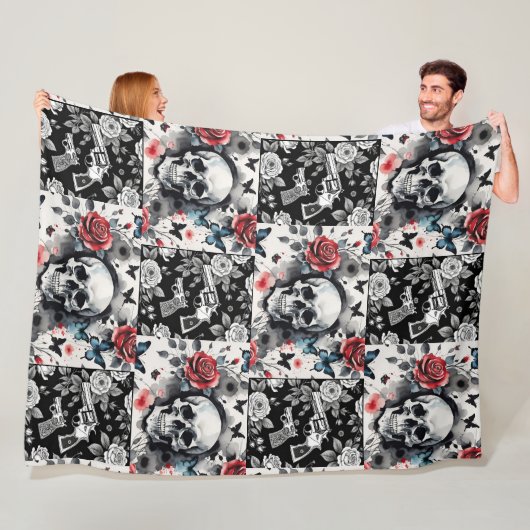 Schedels en Revolvers Bloemen Fleece Deken (In situ)