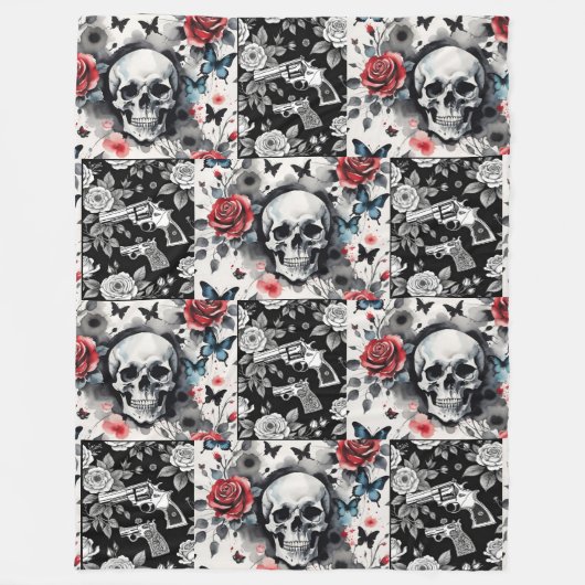Schedels en  Revolvers Bloemen Fleece Deken (Voorkant)