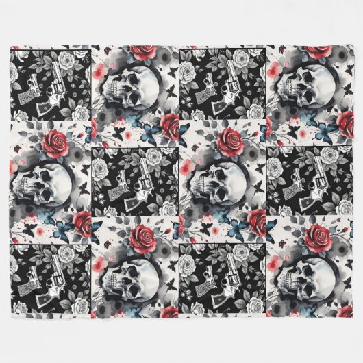 Schedels en  Revolvers Bloemen Fleece Deken (Voorkant (Horizontaal))