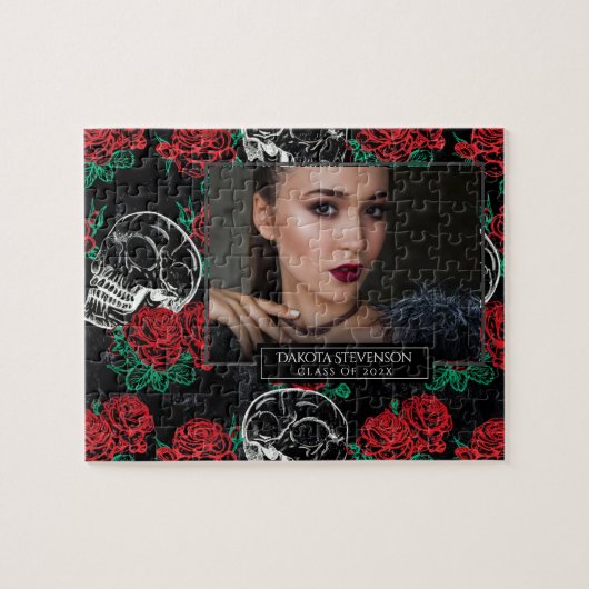 Schedels en rode rozen | Glam Gothic Afstuderen Fo Legpuzzel (Horizontaal)