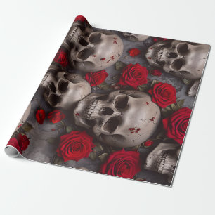 Schedels en rode rozen inpakpapier