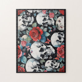 Schedels en rode rozen met zwarte vlinders legpuzzel
