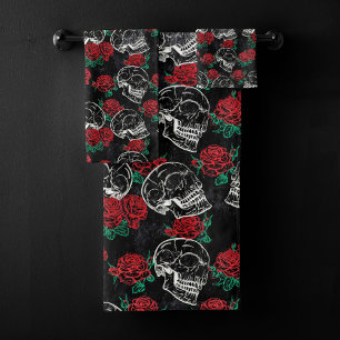 Schedels en rode rozen Modern Gotisch Glam Grung Bad Handdoek