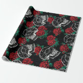 Schedels en rode rozen | Modern Gotisch Glam Grung Cadeaupapier (Uitgerold)