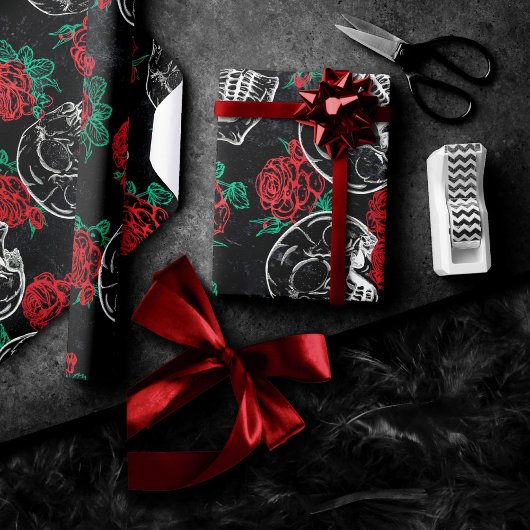 Schedels en rode rozen | Modern Gotisch Glam Grung Cadeaupapier