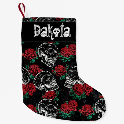 Schedels en rode rozen | Modern Gotisch Glam Grung Kleine Kerstsok (Voorkant)