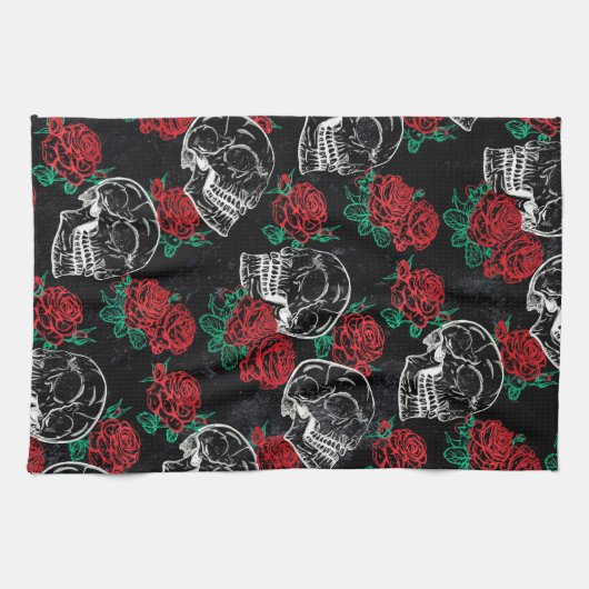 Schedels en rode rozen | Modern Gotisch Glam Grung Theedoek (Horizontaal)