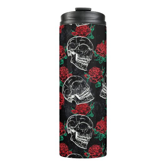 Schedels en rode rozen | Modern Gotisch Glam Grung Thermosbeker (Voorkant)