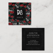 Schedels en rode rozen | Modern Gotisch Glam Monog Vierkante Visitekaartje (Voorkant / Achterkant)