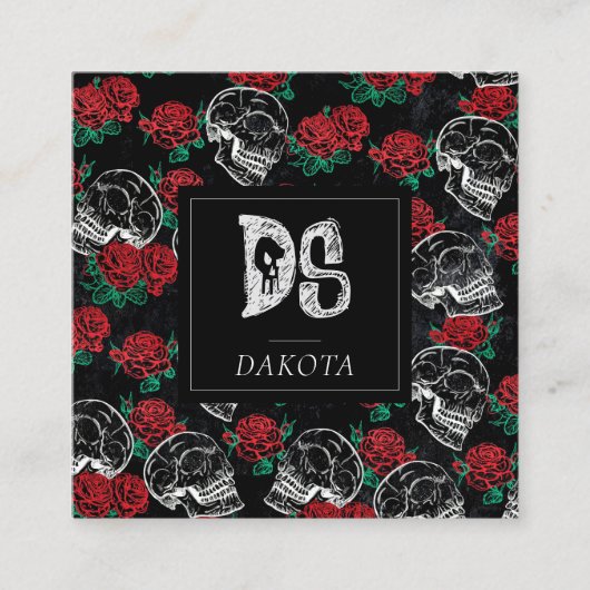 Schedels en rode rozen | Modern Gotisch Glam Monog Vierkante Visitekaartje (Voorkant)