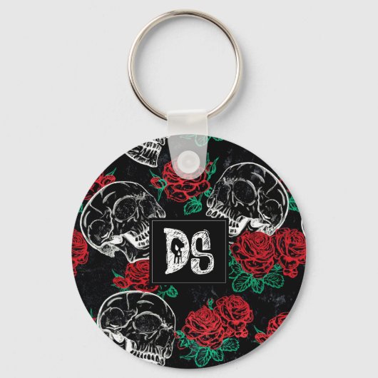 Schedels en rode rozen | Moderne Gotische Glam Cus Sleutelhanger (Voorkant)