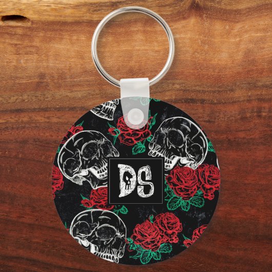 Schedels en rode rozen | Moderne Gotische Glam Cus Sleutelhanger (Achterkant)